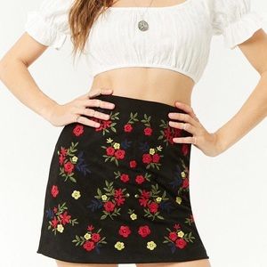 Black Floral Embroidered Suede Skirt